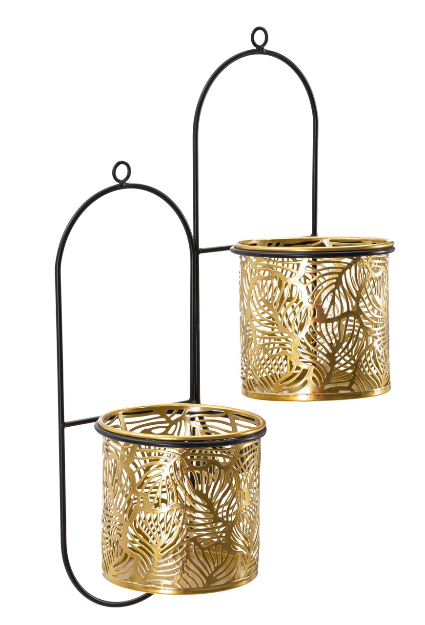 Suport ghivece cu fixare pe perete Double Hong, Mauro Ferretti, 27x14x48 cm, fier, negru/auriu - imagine 7